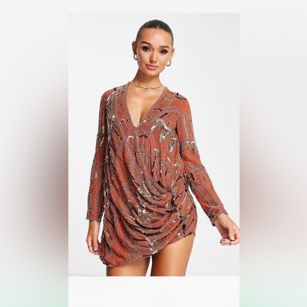 ASOS DESIGN embellished shift mini dress with drape front detail in rust